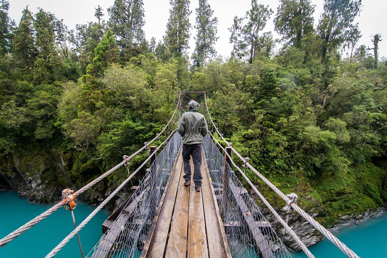 chico de espaldas andando encima de un puente de madera 