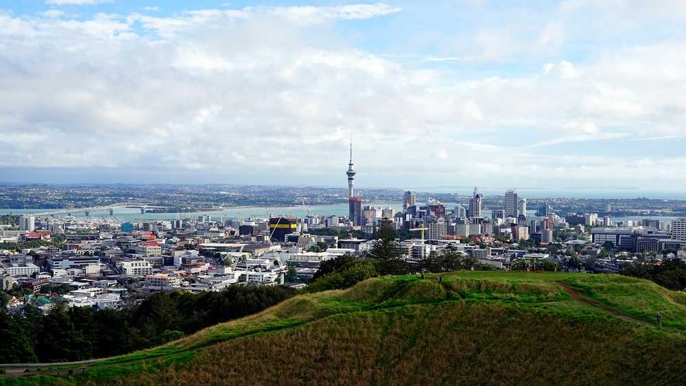 fotografía de la ciudad de Auckland con sus edificios y la vegetación