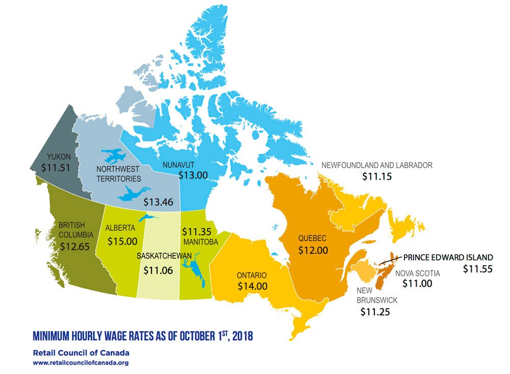 mapa de Canadá con el mínimo de los salarios por ciudad